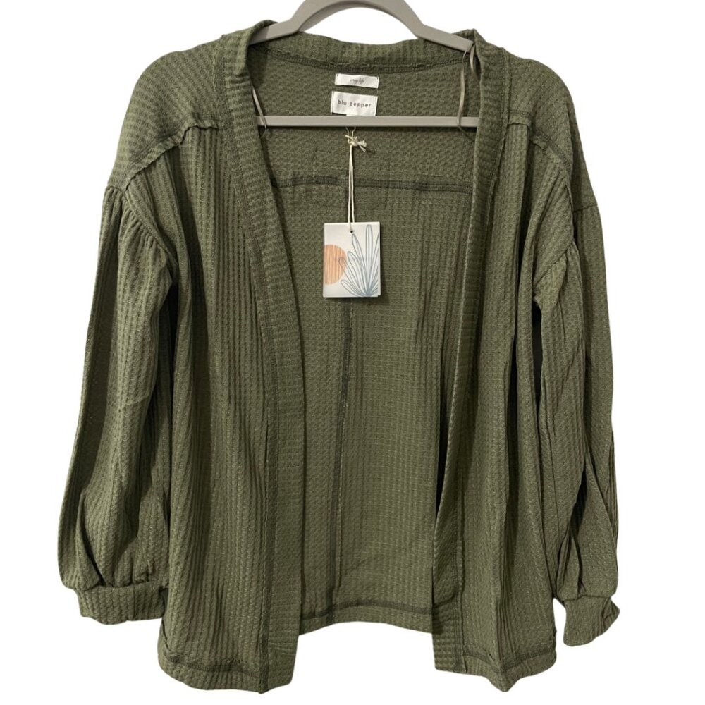 Women’s Blu Pepper Waffle Knit Open Front Cardigan Drop Shoulder Size S Olive